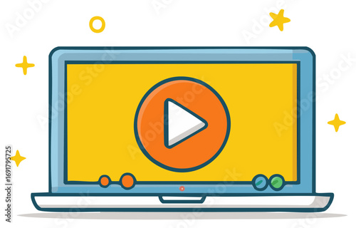 Cartoon Laptop Play Button Streaming Online Content Learning Tutorial