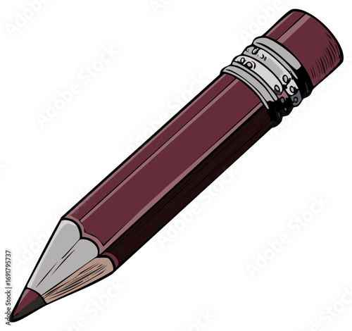 Classic maroon pencil with a silver ferrule and pink eraser for writing and drawing