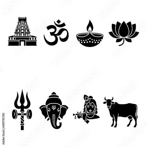 Illustration of hindu symbols including temple om diya lotus trishul ganesha krishna and cow in black