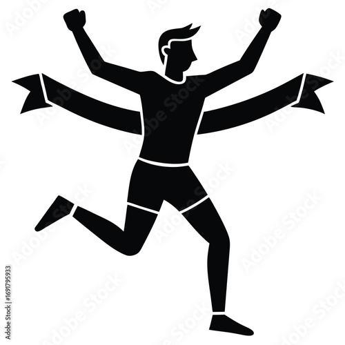 Black silhouette of a triumphant runner with arms raised crossing the finish line ribbon running race