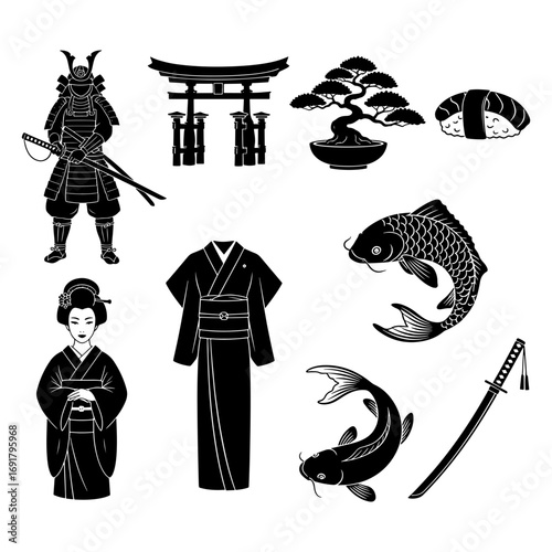 Japanese culture themed icons featuring samurai geisha torii gate bonsai sushi kimono and koi fish set