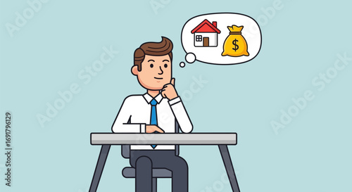 Cartoon Businessman Dreaming of Home and Money