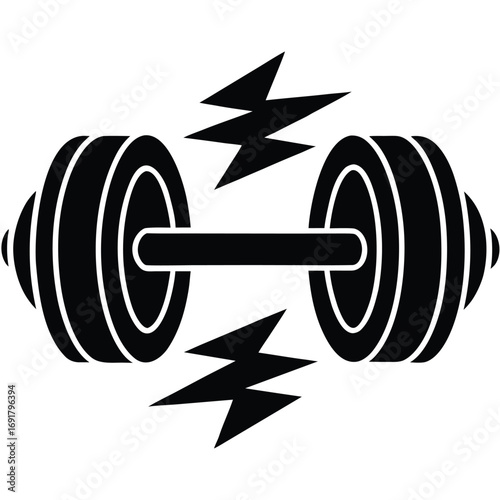 Black Silhouette of Dumbbell with Lightning Bolts on White Background weightlifting fitness