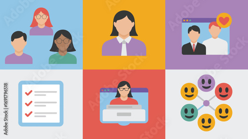 A grid of six illustrations depicting various concepts including teamwork, online presence, and tasks list