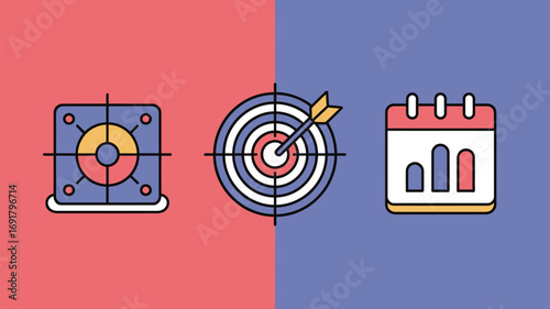 Three icons displayed on a split background with a target a calendar and a square with crosshairs
