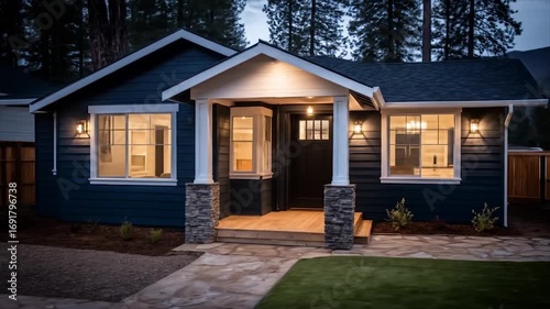 A charming, modern home exterior at dusk, featuring a dark navy facade, white trim, and warm lighting.