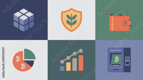 A collage of six square icons depicting a cube, shield, wallet, pie chart, graph and bitcoin atm machine
