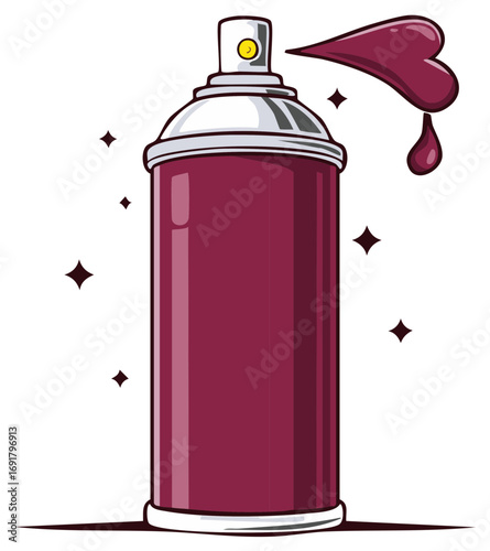 Spray paint can with a heart shaped spray and a drip, representing love and creativity