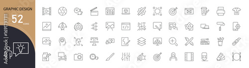 Design thinking icons set with idea, brain, lightbulb, plan, flow, process, strategy, innovation, sketch, and solution symbols. Outline style, perfect for creative and corporate projects.
