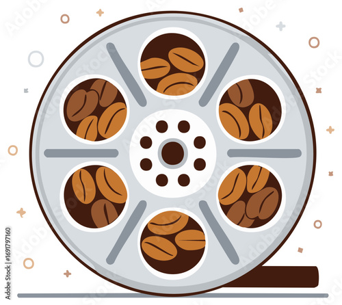 Film Reel with Coffee Beans, Coffee themed movies and media, Cinema with fresh aroma