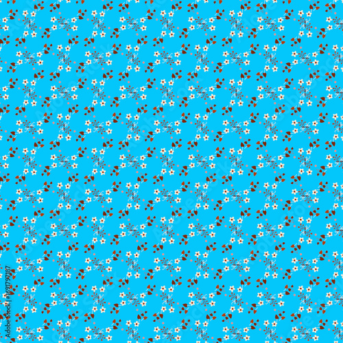 Cute simple tiny floral, botanical pattern Small spring delicate flowers and brown leaves on a blue background