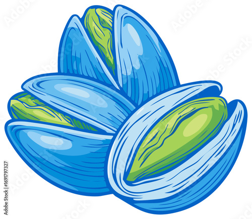 A cluster of stylized open pistachio nuts with bright blue shells in a graphic vector style