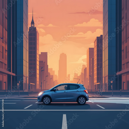 A light-blue car drives down a city street at sunset, between tall buildings.