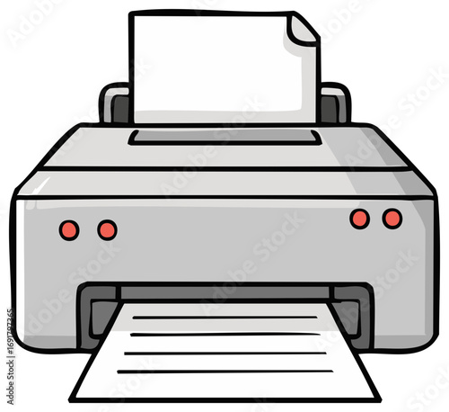 Cartoon illustration of a printing machine with paper coming out and a sheet ready to print