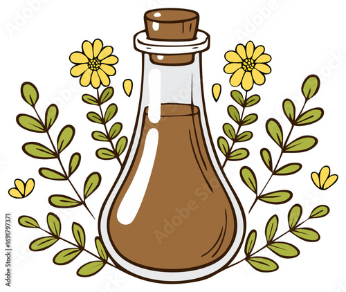 Hand-drawn illustration of an apothecary bottle with herbal tincture surrounded by yellow flowers and green leaves