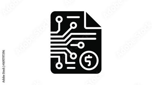 A black and white icon of a digital document with a circuit board design and a price of five dollars