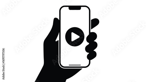 A black and white graphic of a hand holding a phone with a play button on the screen display icon