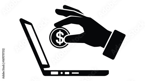 A black and white illustration of a hand holding a coin over a laptop computer screen design icon art