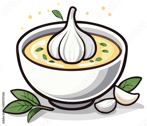 Delicious Garlic Soup with Fresh Ingredients in a Bowl