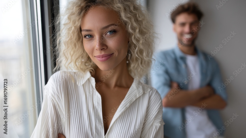 Fototapeta premium Confident woman leaning on windowsill beside her joyful partner. 