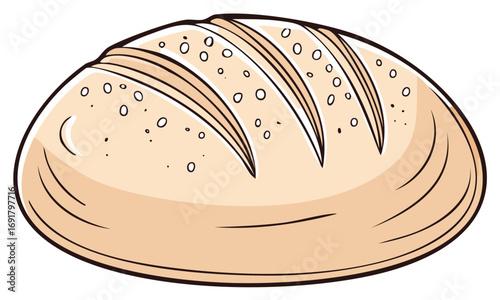 Cartoon Style Illustration of Round Baked Bread with Sliced Top and Sprinkle Detail