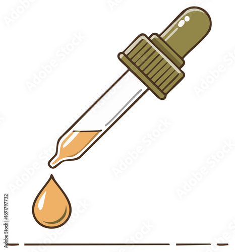 Dropper dispensing amber liquid creating a falling drop for medicine or essential oils