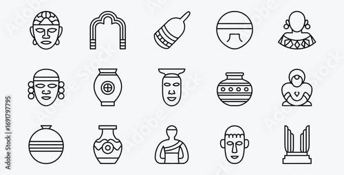 Collection of ancient African art icons and artifacts in outline style