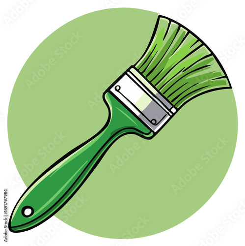 Green paint brush with green bristles and handle on light green circular background, illustration