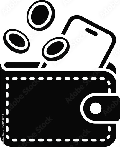 A black and white graphic of a wallet with coins and a phone coming out of it in a simple design