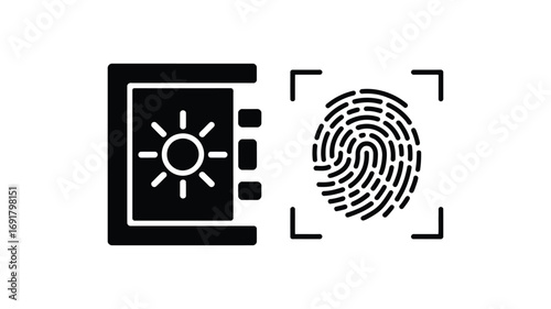 A black and white illustration of a safe with a sun symbol and a fingerprint with a square border