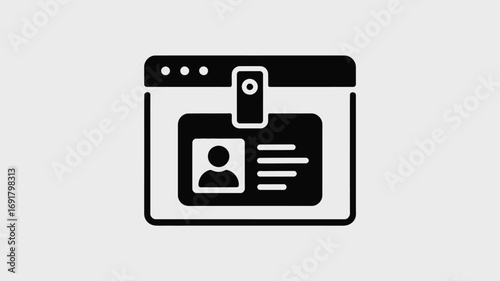 A black and white icon of a browser window displaying an id badge with a person and text lines