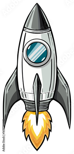 Cartoon Rocket Soaring with Flames, Animated Spaceship Launching into Flight, Rocketry Icon, Space Exploration Concept