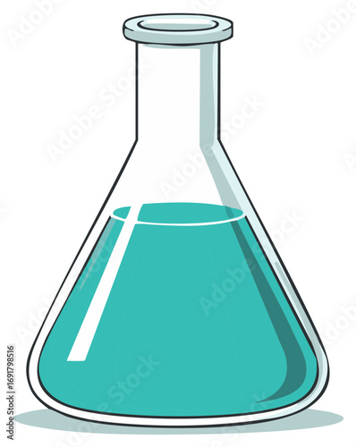 Flask with teal liquid for chemistry science educational lab research