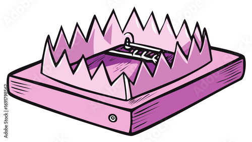 Cartoon bear trap drawing with spiked sides and a spring-loaded mechanism, isolated on white.