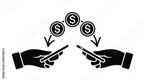 Black silhouette illustration depicting money transfer between two smartphones held by two hands