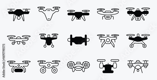 Collection of assorted drone designs in line art drawing style graphic