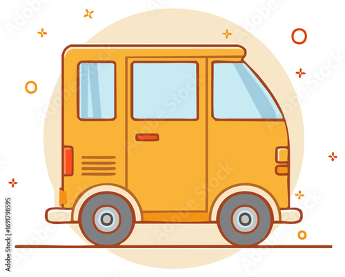Simple yellow cartoon van with rounded edges and minimal detail.