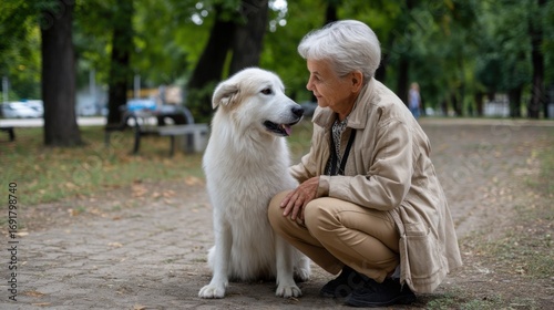 Elderly Caucasian woman playing with her dog in the park. 