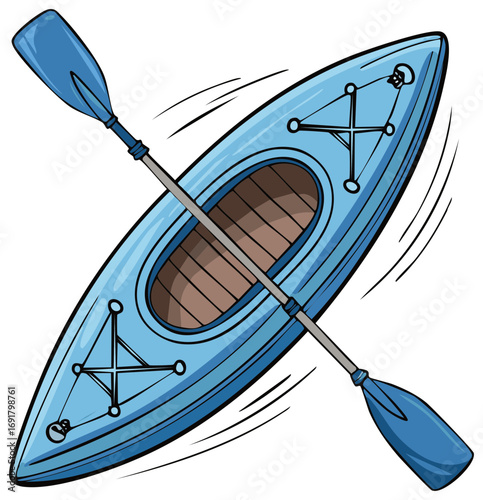 Illustration of a blue kayak boat with a paddle on a white background, water activities, travel, and recreation concept.