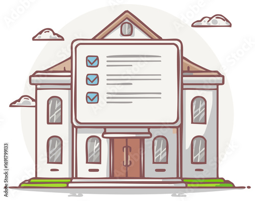 Public building with official checklist document symbolizing administrative approval and government services