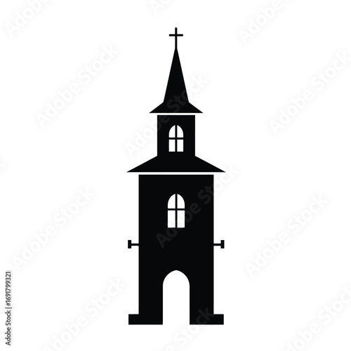 Black church steeple silhouette with cross white