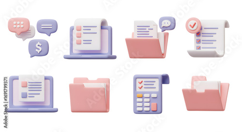 Set of 3D icons depicting various documents and organizational tools for business or office use