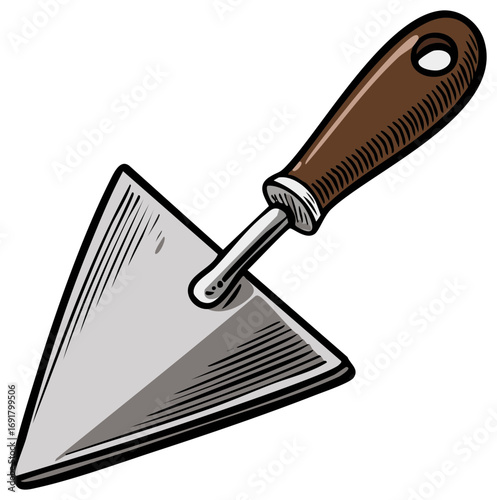 Cartoon illustration of a triangular masonry pointing trowel with a brown handle for construction work