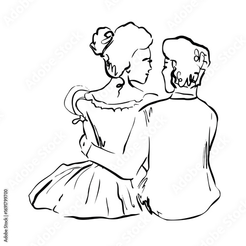 Romantic couple sitting together in embrace. Vector whimsical quickly sketch line art illustration. Perfect for romance book designs, wedding stationery, love prints, Valentine decor, posters, cards.