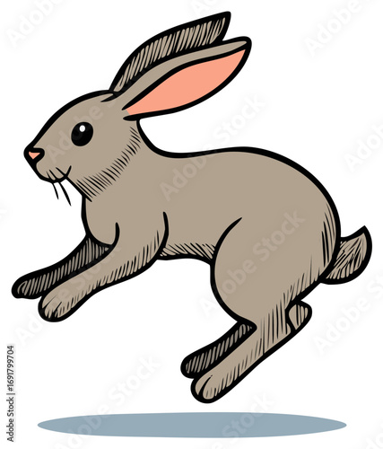 Sketch illustration of a grey hare leaping with textured line work and shadow below, stylized, vector art