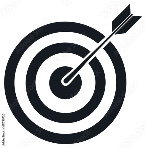 Arrow hitting target center, bullseye icon, concept of success and focus.