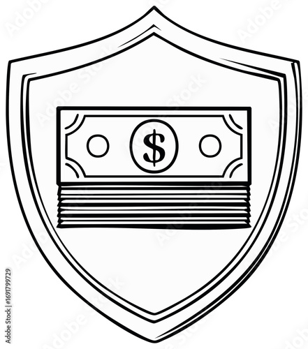 Shield protects a stack of money with a dollar sign inside a circle