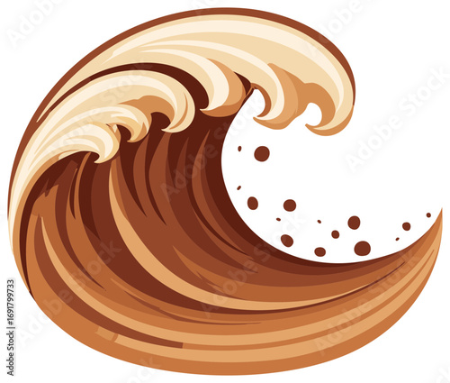 Stylized Chocolate Wave with Cocoa Drops Rising Tightly Curled Brown and Beige Design for Dessert Themes, Food Packaging, or Abstract Art