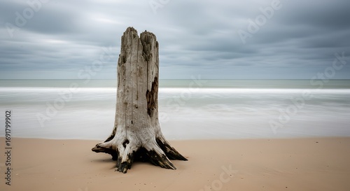 Weathered tree stump on sandy beach under cloudy sky