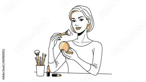 Elegant woman applying makeup with a brush and compact mirror surrounded by beauty products a stylized illustration for fashion and cosmetic themes